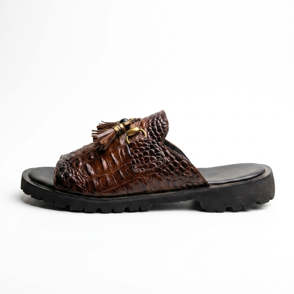 Crocodile-Embossed Leather Slides