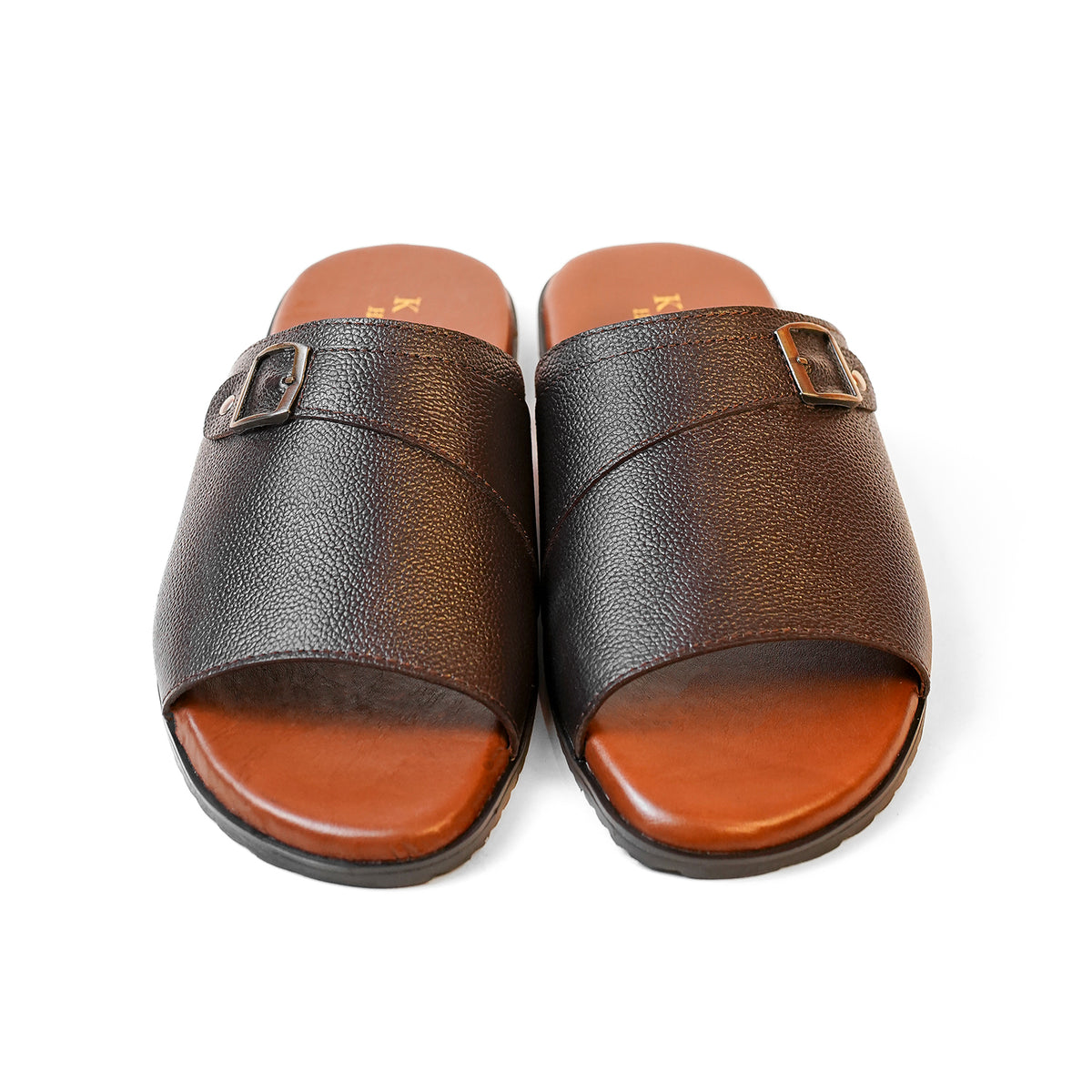 Brown Leather Slip-On Sandals with Side Buckle
