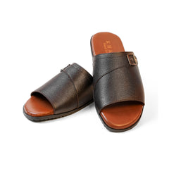 Brown Leather Slip-On Sandals with Side Buckle