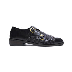 Men’s Black Woven Leather Double Monk Strap Dress Shoes