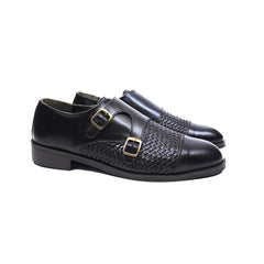 Men’s Black Woven Leather Double Monk Strap Dress Shoes