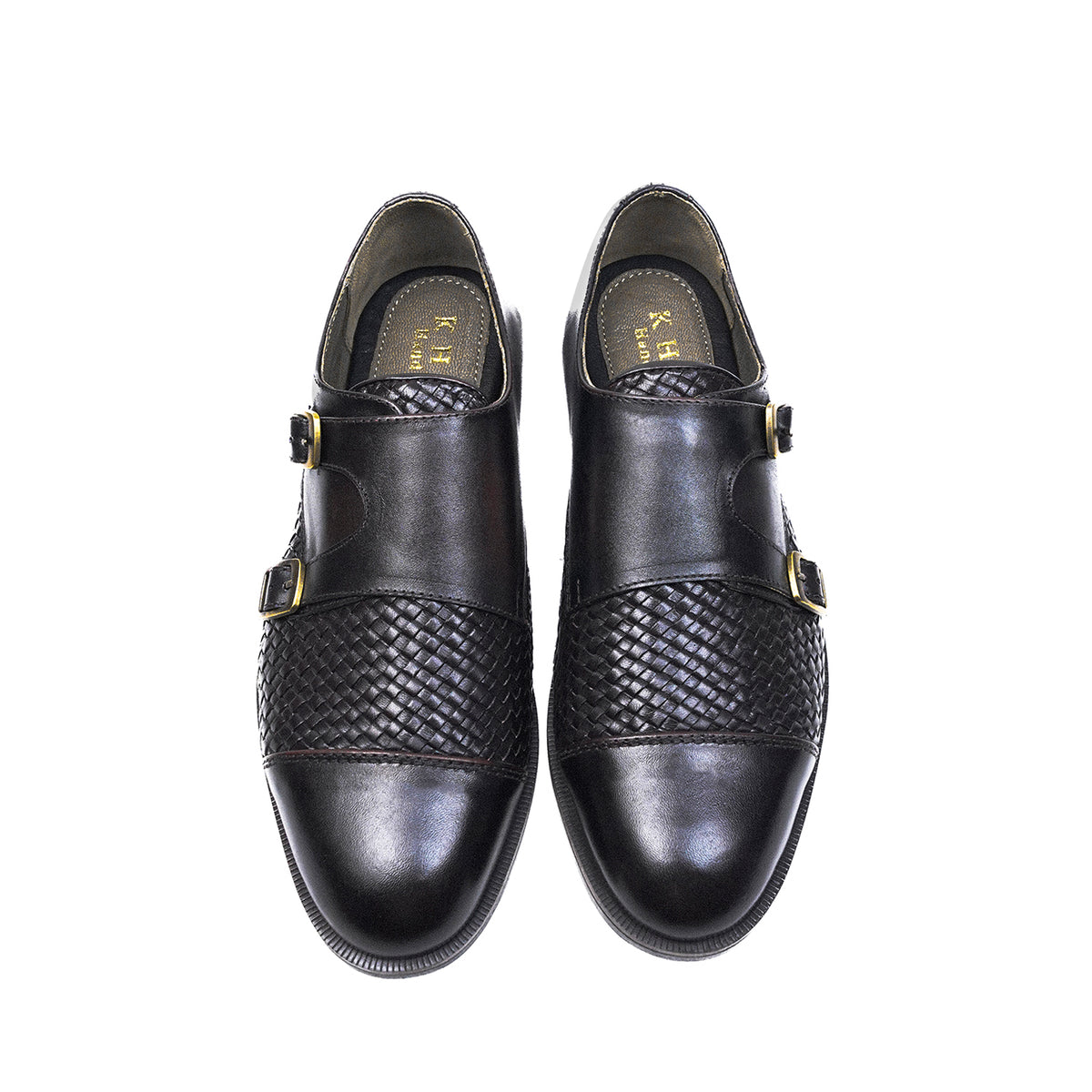Men’s Black Woven Leather Double Monk Strap Dress Shoes