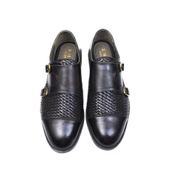 Men’s Black Woven Leather Double Monk Strap Dress Shoes