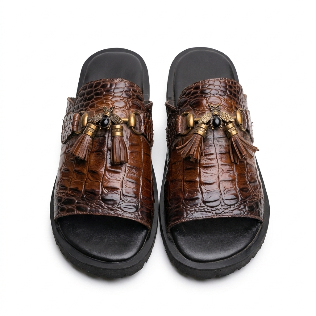 Crocodile-Embossed Leather Slides