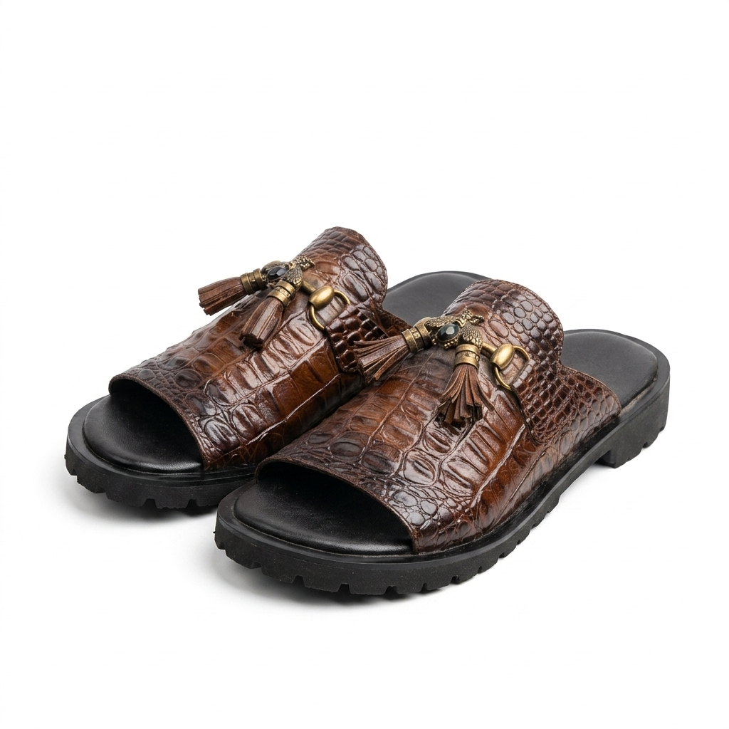 Crocodile-Embossed Leather Slides